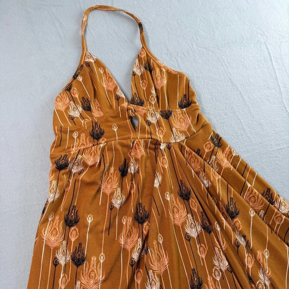Free People Hippie Halter Mini Dress XS Peacock Feather Boho Earthy Festival